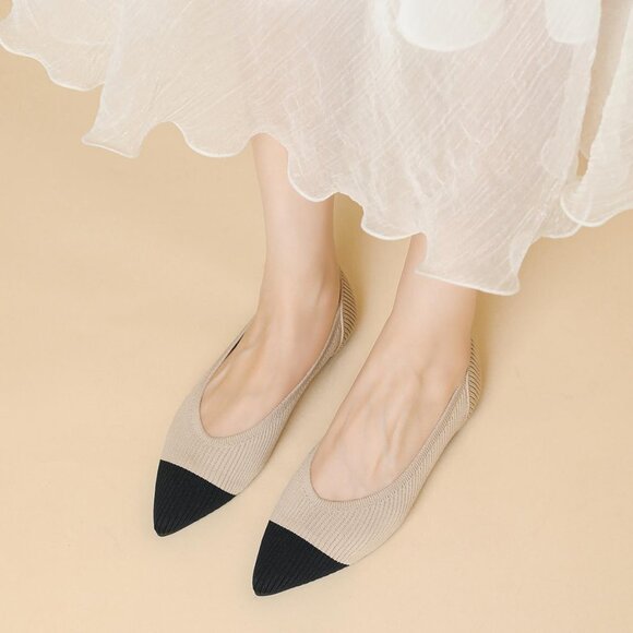 Women's Pointed Toe Knit Ballet Fashionable and Comfortable Dressy Flat Cream B - Picture 7 of 7